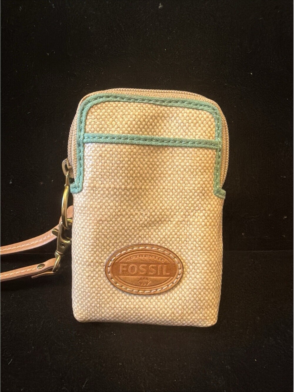 Fossil Key Per Wristlet Wallet Coated Canvas Pockets Teal Lining Black Spots